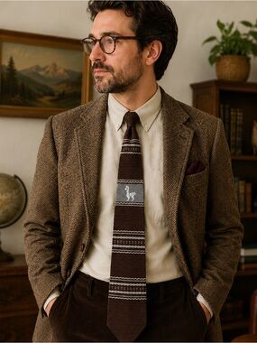 Vintage Peruvian Alpaca Llama Knit Tie Brown Andean Textile Artisan Necktie